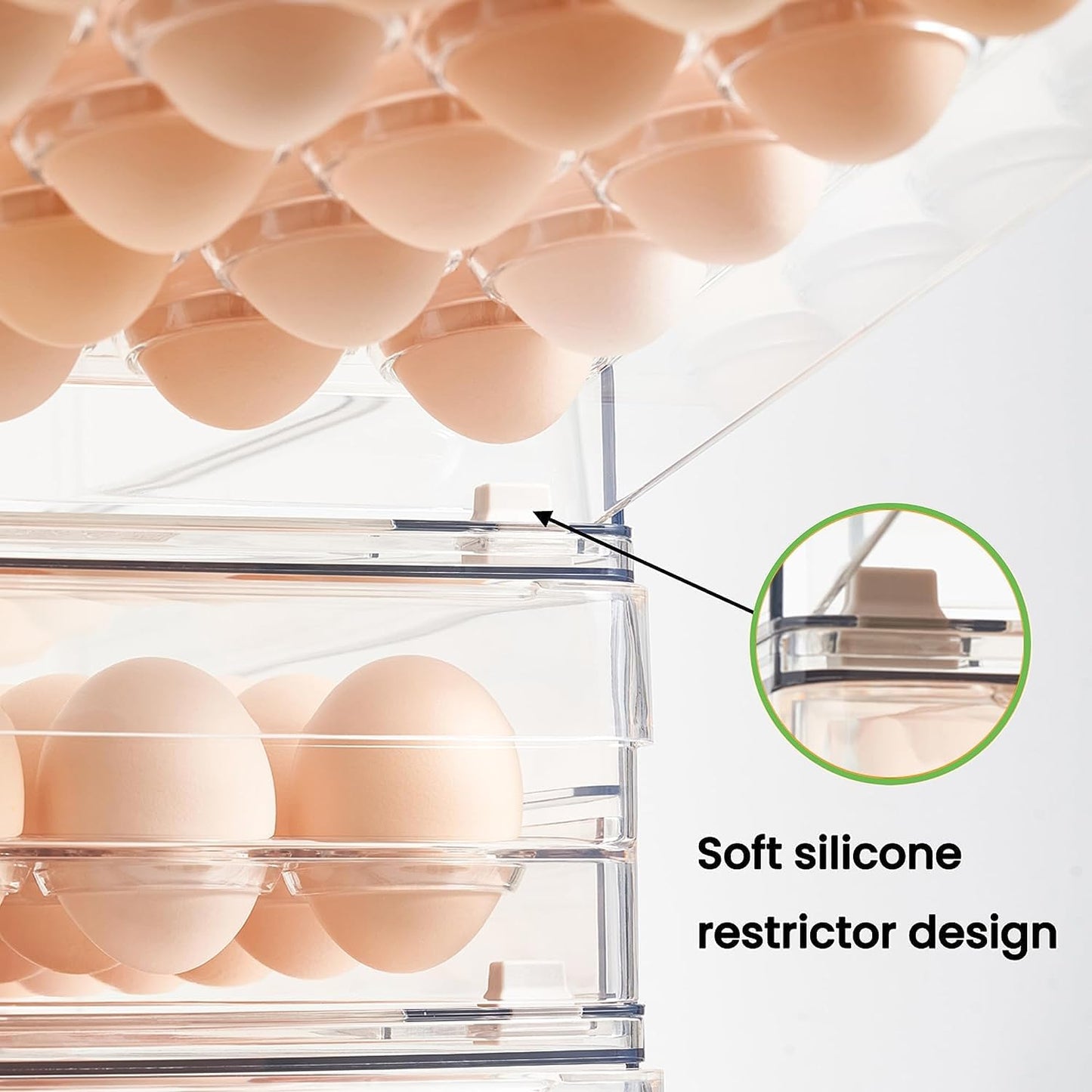 vacane Egg Holder for Refrigerator, 48 Capacity Clear Egg Storage Drawer with Non-Slip Pads, Stackable BPA-Free Egg Organizer Tray for Fridge