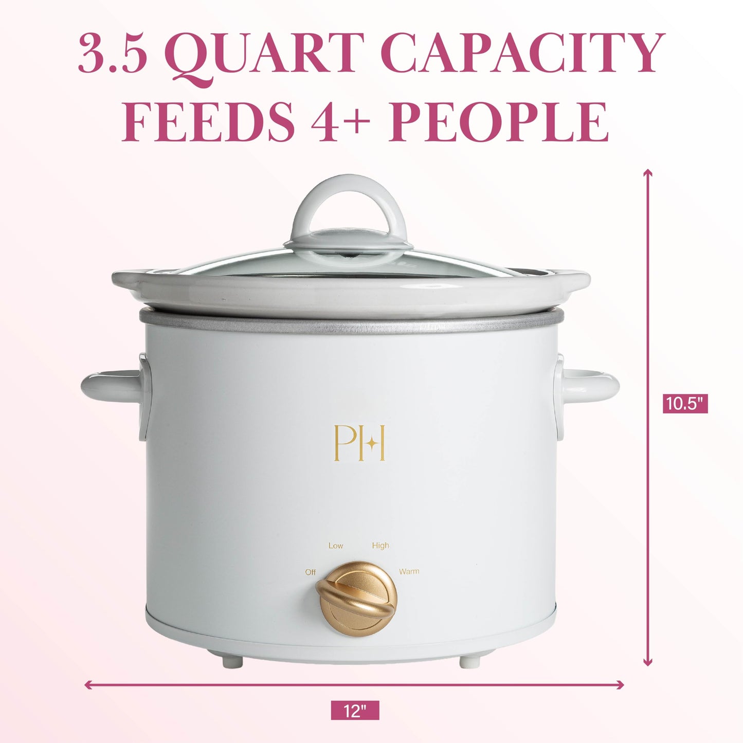 Paris Hilton 3.5-Quart Manual Slow Cooker, Naturally Nonstick Stoneware Ceramic Insert, Three Settings (Low, High, Warm), Dishwasher Safe Family Size Slow Cooker, White