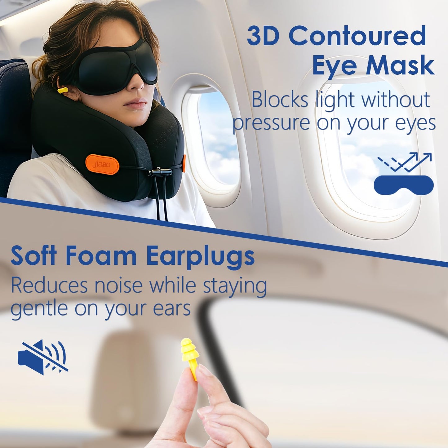 jiaao Travel Pillow Memory Foam Neck Pillow for Airplanes with Adjustable Neck Support, Includes Eye Mask, Earplugs & Storage Bag - Perfect for Flights, Road Trips, and Trains