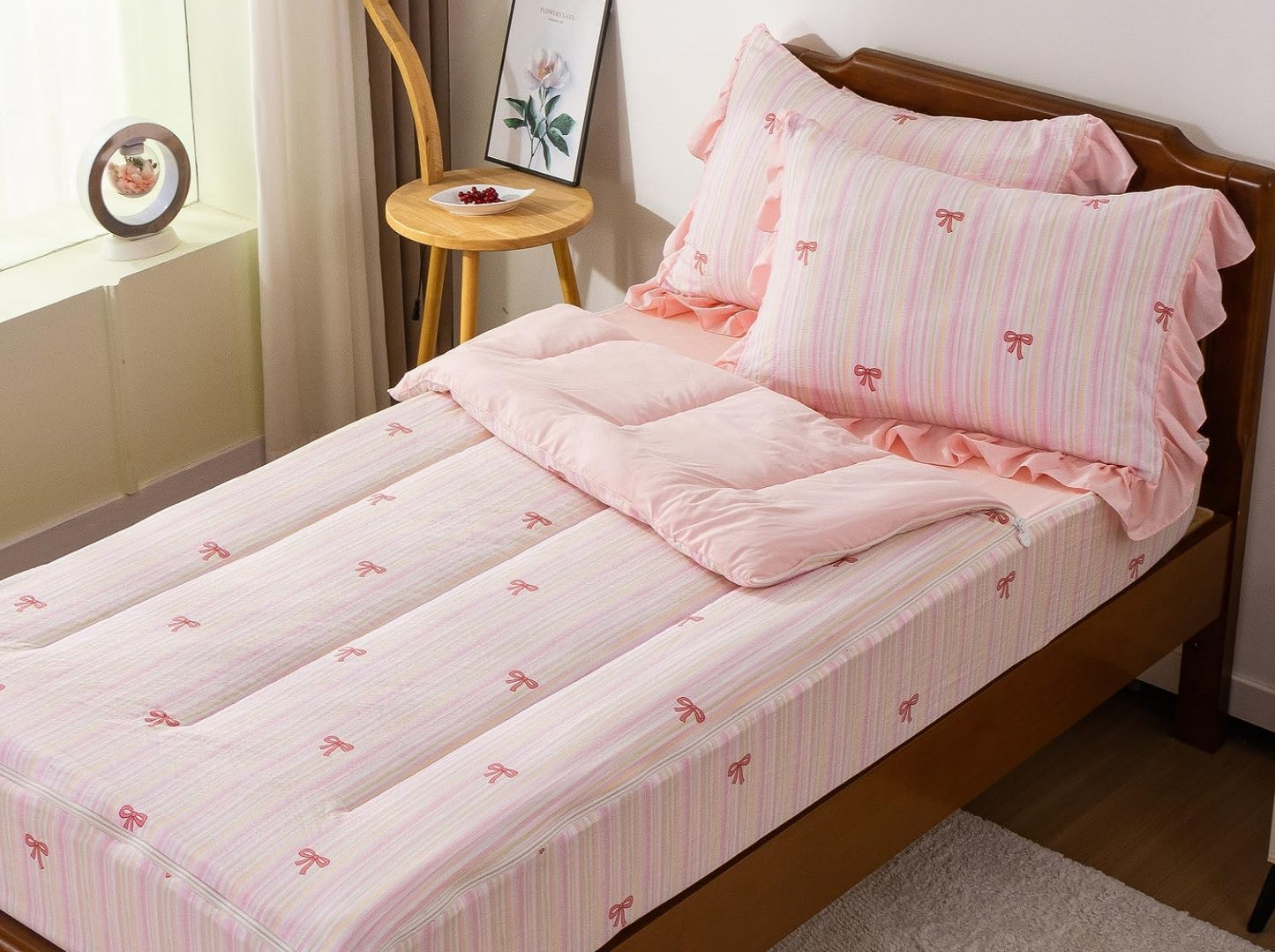 A Nice Night Zipper Bedding Pink Bow Printed on Colorful Rainbow Background Zippered Kids Comforter Set,Seersucker Chic Style Ultra Soft,Twin