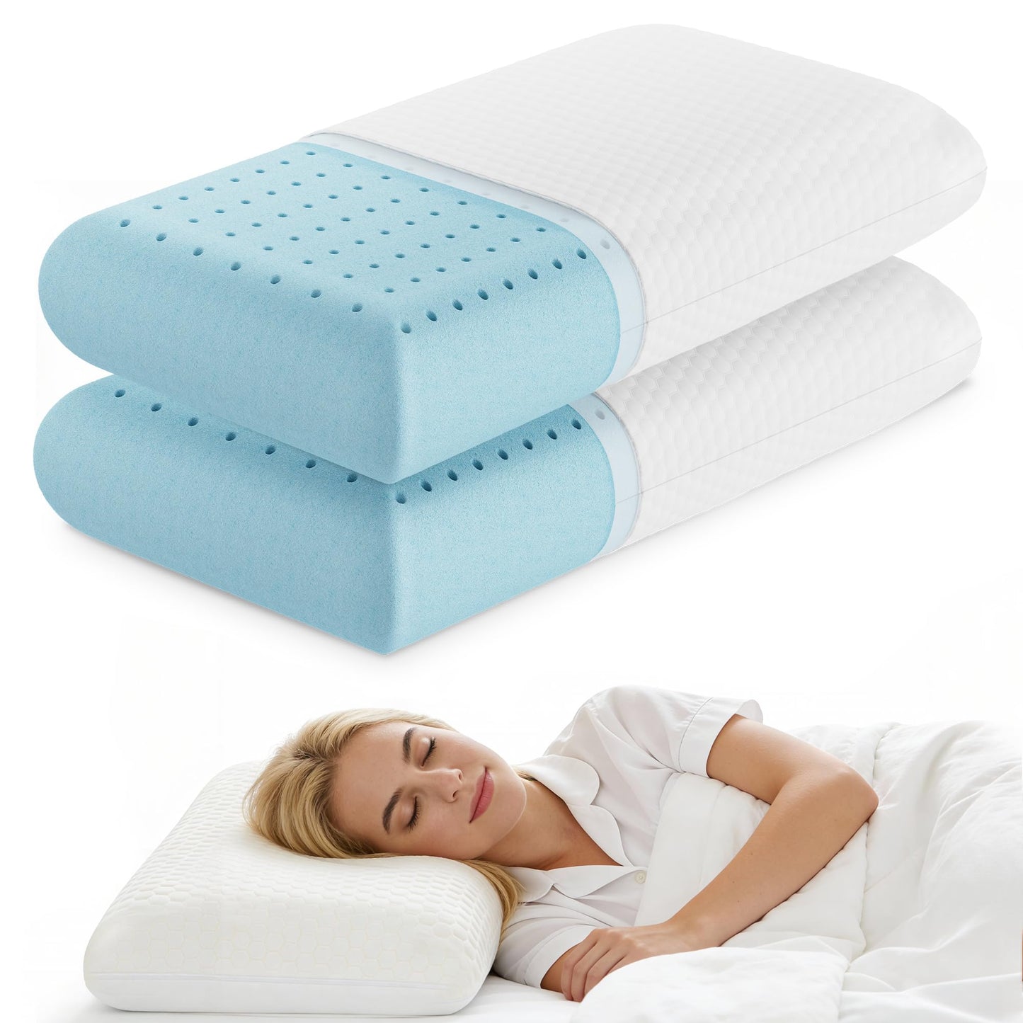 Sweetcrispy Cooling Gel Memory Foam Pillows for Sleeping, Back and Side Sleeper Support, Standard Size-Medium Firm, Bed Pillows for Adults with Washable Cover and Breathable Mesh – 2 Pack, White