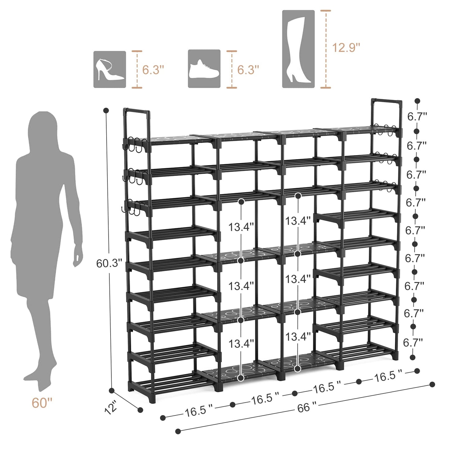 ROJASOP Large Shoe Rack Organizer for Entryway Closet 64-68 Pairs 9-Tier Heavy Duty Tall Garage Shoe Rack Shoe Shelf Shoes Storage with 18 Pcs Removable Side Hooks for Bedroom and Garage Black