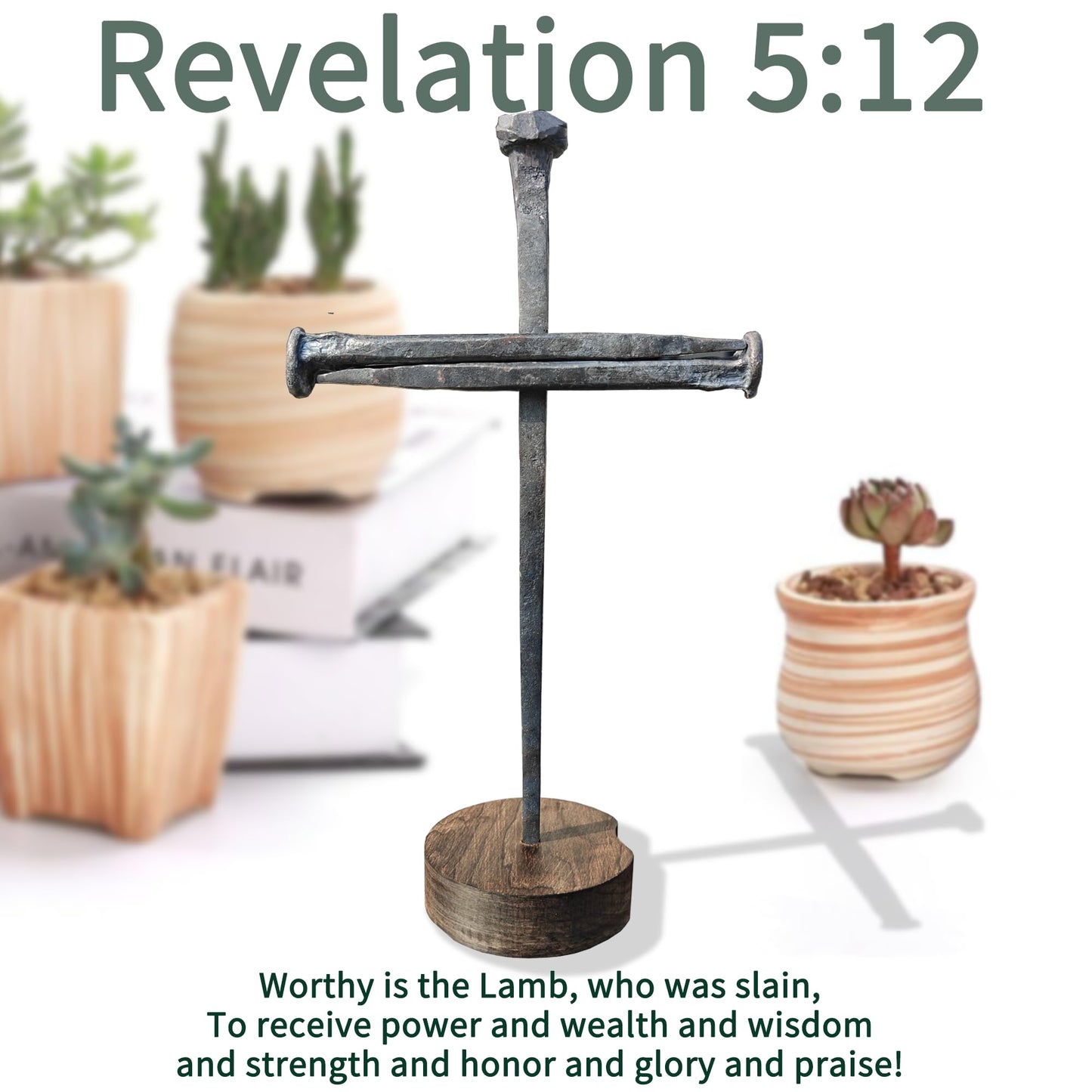 LeMeeOly Jesus Christ Crucifixion Nail Metal Cross Wooden Base, Religious Gifts for Mom Mothers Day, Baptism & Religious Gifts for Men Women,Christian Home Decor (Solid Wood Base)