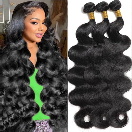 12A Body Wave Bundles Human Hair 16 18 20 Inch Human Hair Bundles 100% Unprocessed Brazilian Virgin Hair 3 Bundles weave for Black Women Natural Color