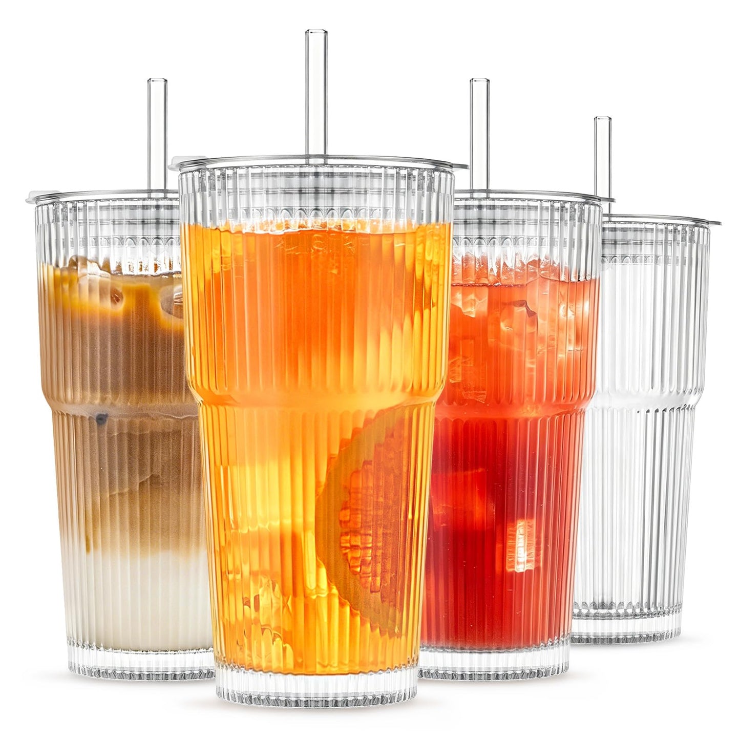 INSETLAN 20 oz Ribbed Glass Tumblers with Lids and Glass Straws – 4-Piece Glassware Set, Thickened Wall, Ideal for Iced Coffee, Smoothies, Cocktails, and Juices – Elegant and Durable Drinkware