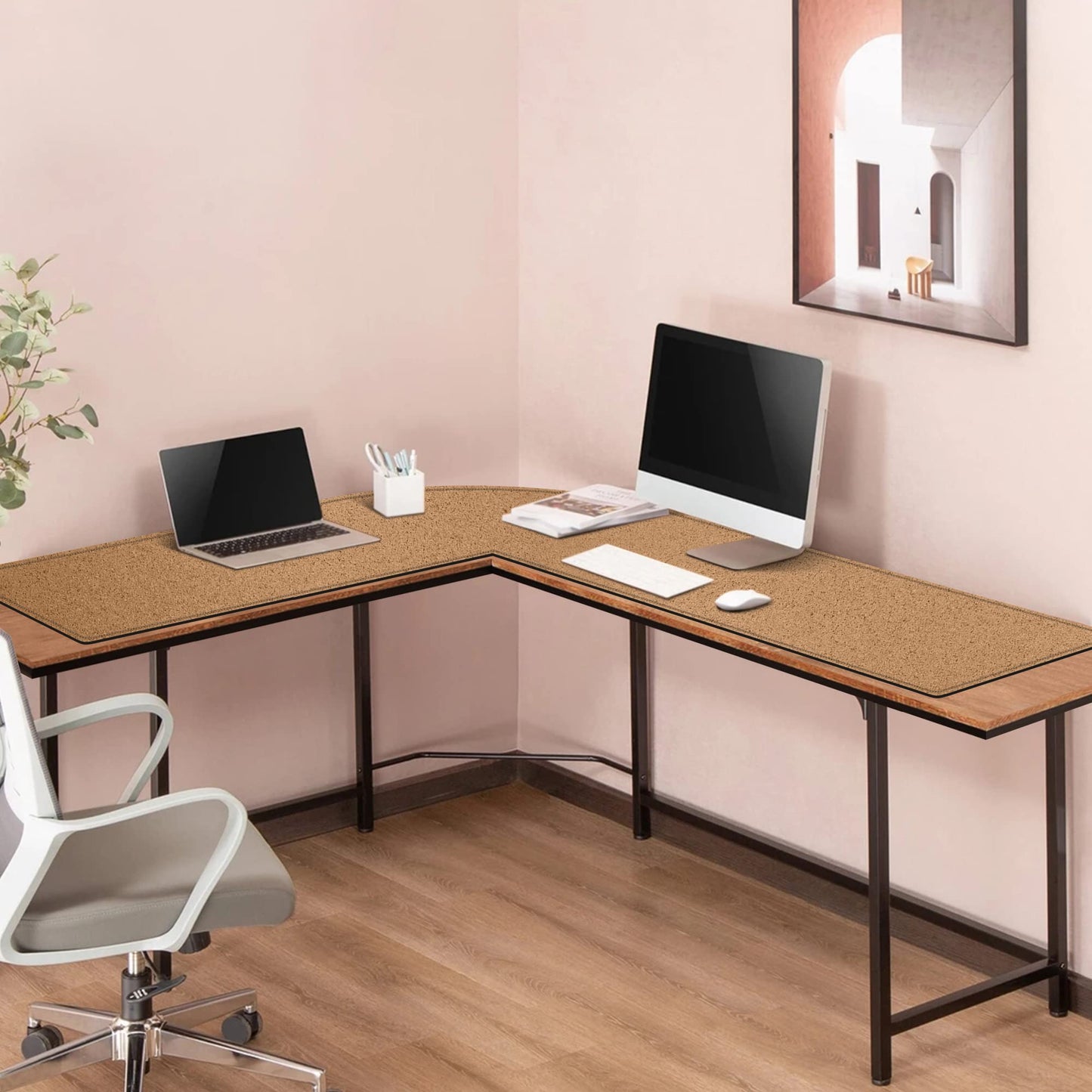 MAIDERN (47” + 47”) x 15.7” L Shaped Corner Desk Mat, Cork & Leather Reversible Desk Pad for Gaming Computer Office Home (Black)