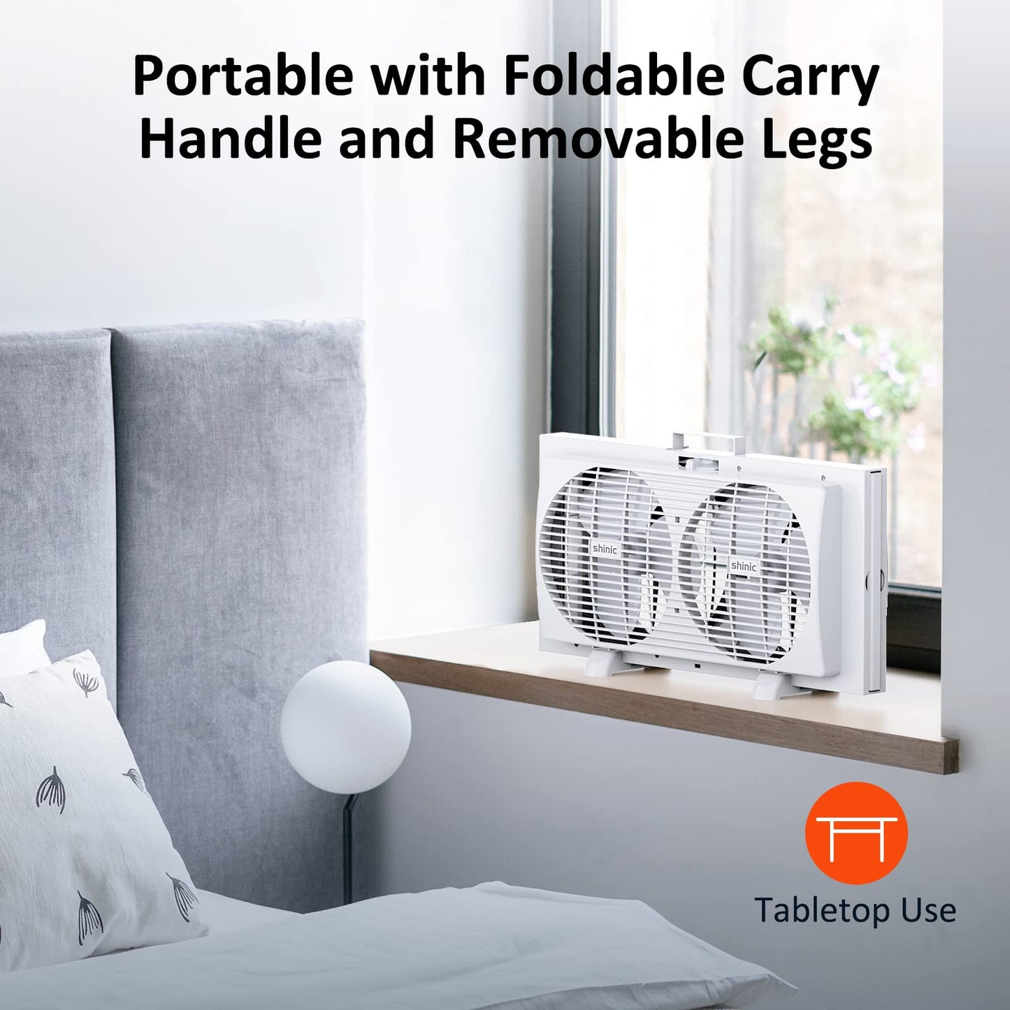shinic 9" Dual Window Fan with Manual Reversible Airflow, 2-Speeds Twin Fans, Expandable Panels (22"-33"), Built-in Handle & Removable Feet, Ideal for Home, Kitchen, Bedroom, Office Ventilation