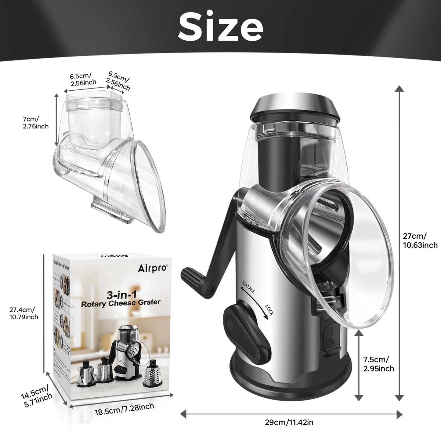 Airpro Rotary Cheese Grater with Handle - Vegetable Shredder with 3 Stainless Steel Blades & Strong Suction Base,Round Mandoline Slicer & Food Chopper for Kitchen