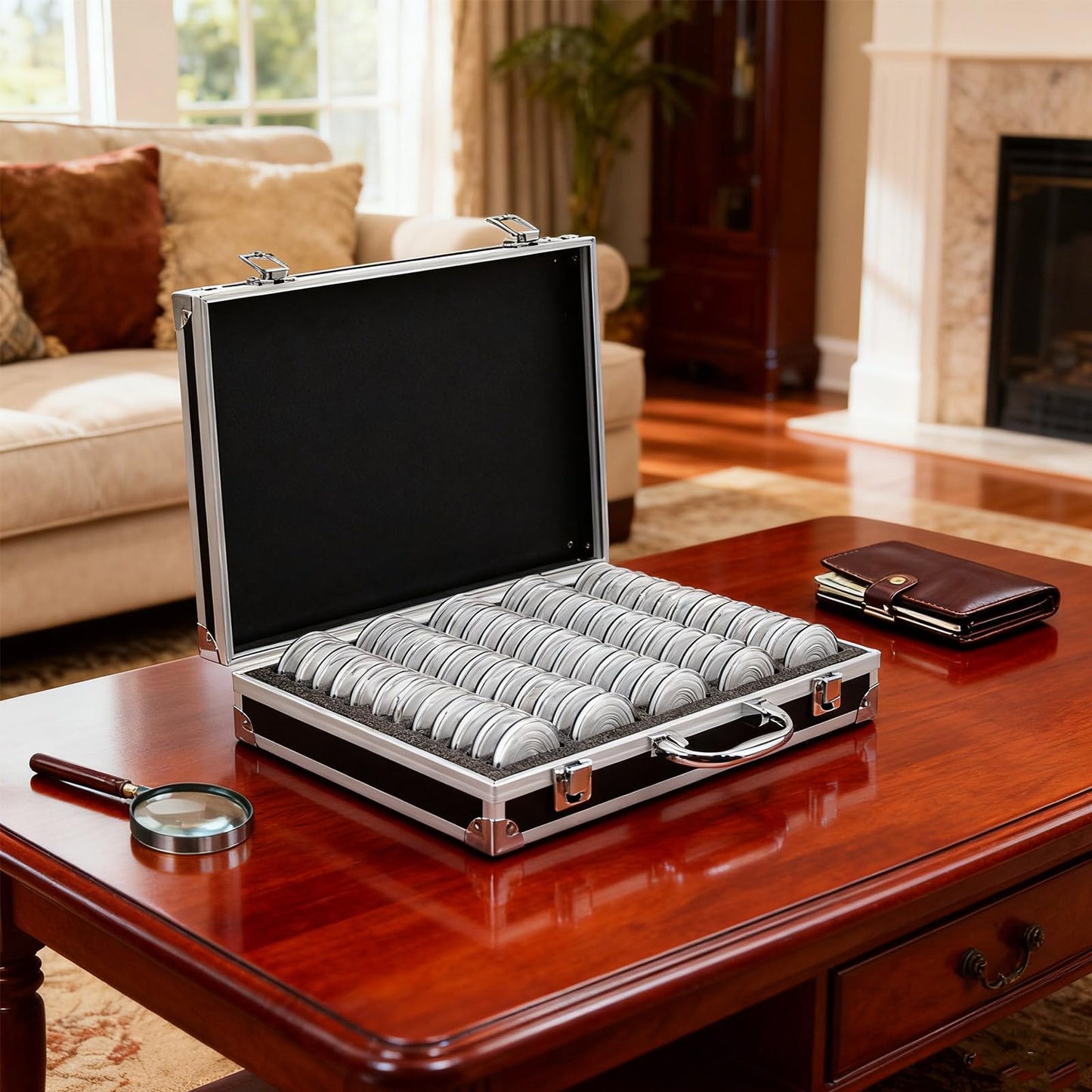 Dnoifne Aluminum Alloy Coin Storage Box with 60 Holders, Fits 6 Sizes (20/25/27/30/38/46 mm), Portable Coin Organizer Case with Foam Inserts & Gaskets, Durable Travel Coin Collection Carrying Case