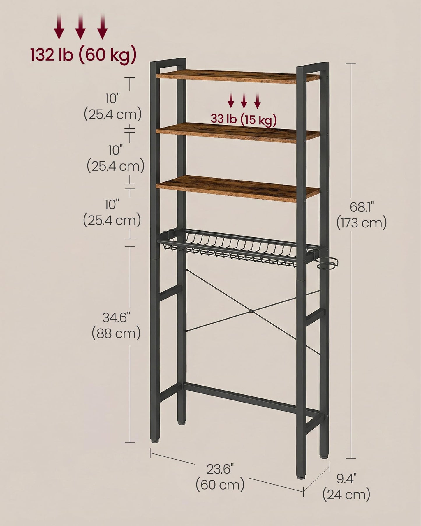 VASAGLE BARNET Collection - Over the Toilet Storage, Over Toilet Bathroom Organizer with Adjustable Shelves and Basket, 3 Hooks, Space Saving, 9.4 x 23.6 x 68.1 Inches, Rustic Brown UBTS114KD01S