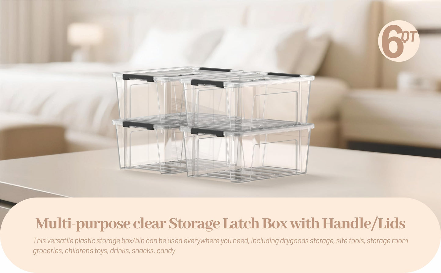 Krihan Clear 9-Pack Plastic Storage Bins with Lids, 6 Quart Stackable Containers Organization with Latch Buckle