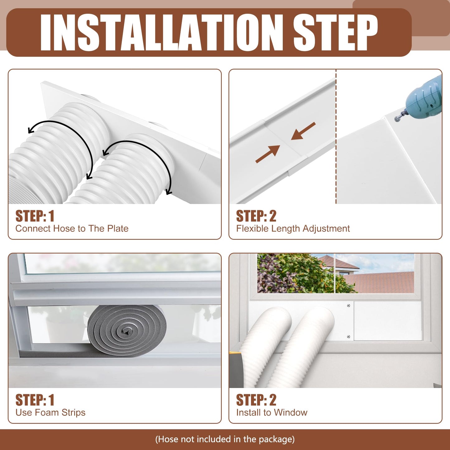 BJADE'S Dual Hose Portable Air Conditioner Window Seal Kit for 5in Portable AC Exhaust Hose with Insulating Sealing Tape,Adjustable Portable AC Window Vent Kit Length from 17" to 47"