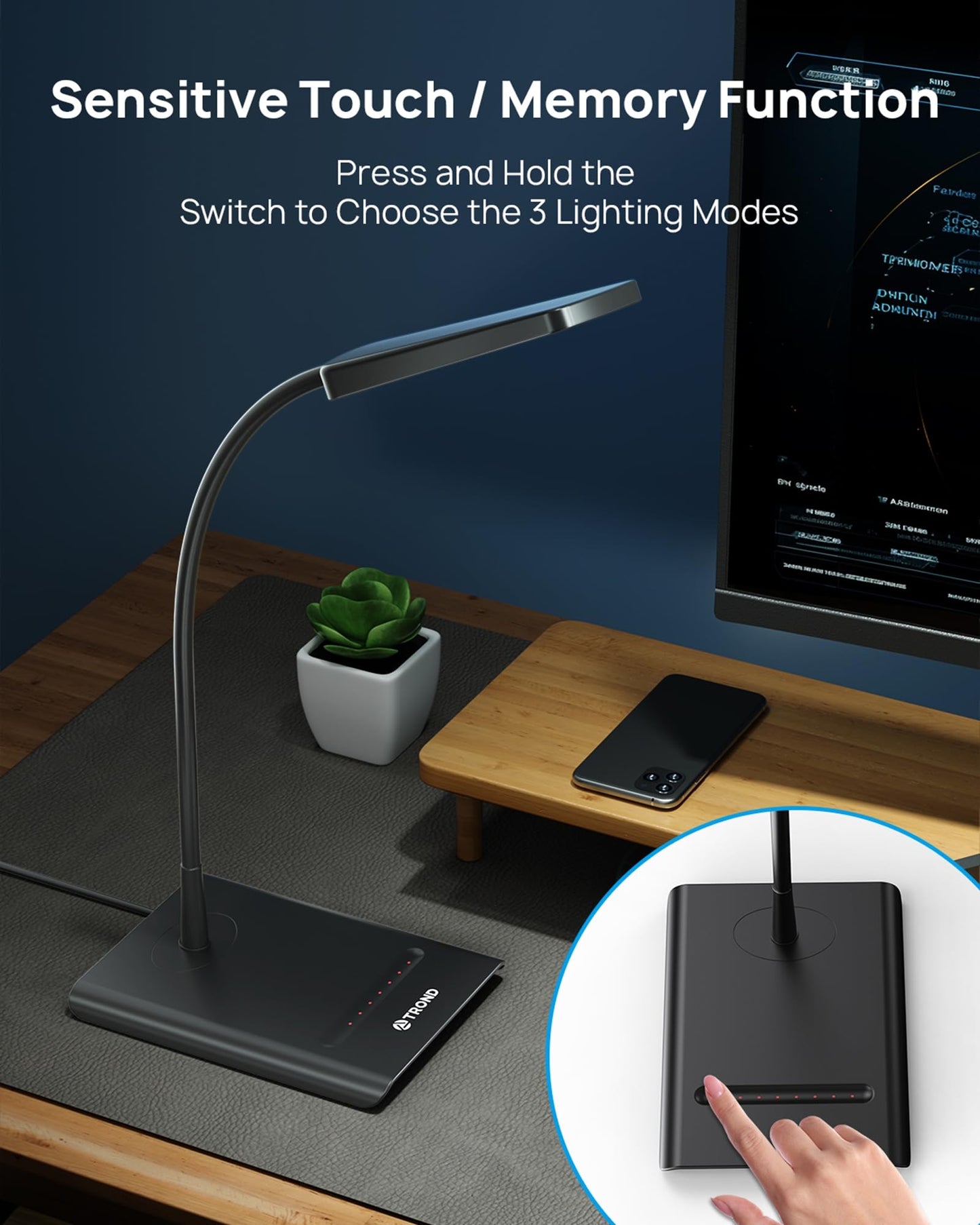 TROND Desk Lamp, Bright Dimmable Eye-Caring Table Lamp, 3 Color Modes 7 Brightness Levels, Flexible Gooseneck, Touch Control, Memory Function, Desk Light for Home Office Dorm Room Essentials, Black