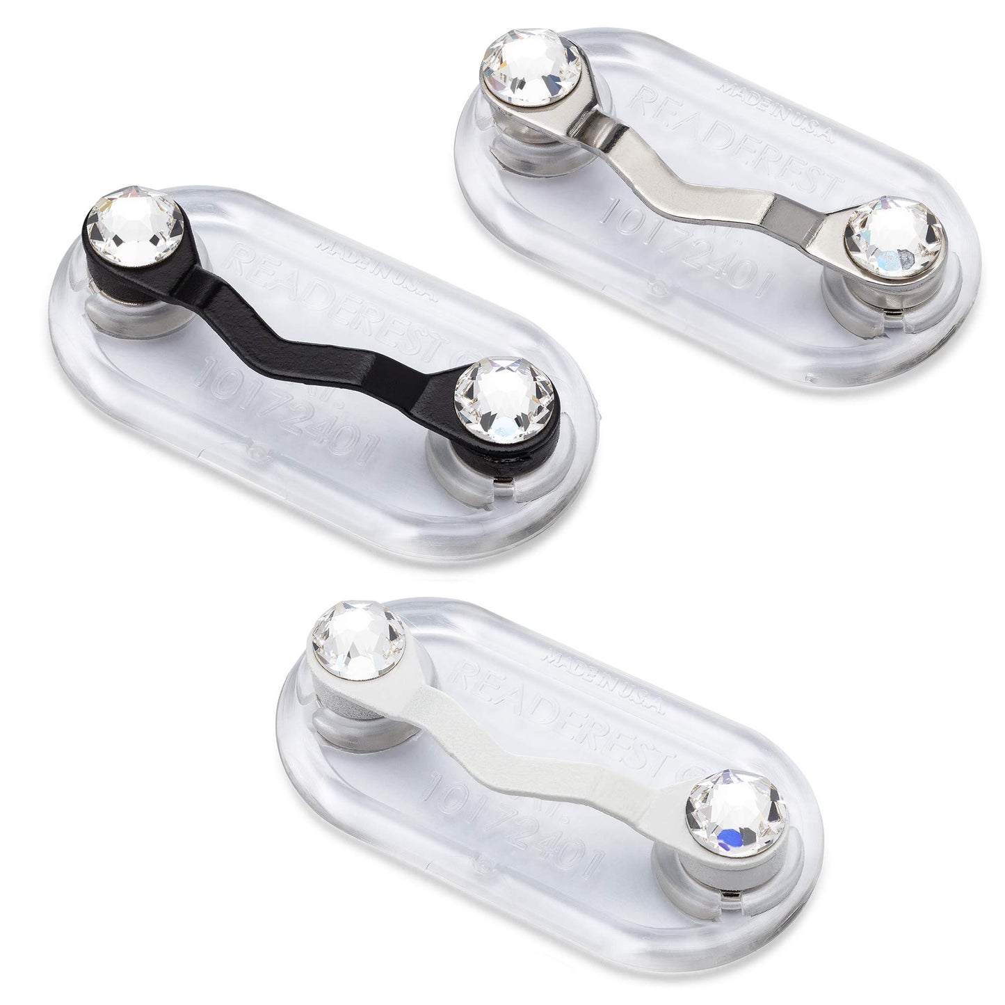 Readerest Magnetic Glasses Holders with Crystals for Women (3 Pack), Eyeglasses Clip for Readers & Sunglasses, Nurse Badge Holder, Made in America (Stainless Steel, Black & White)
