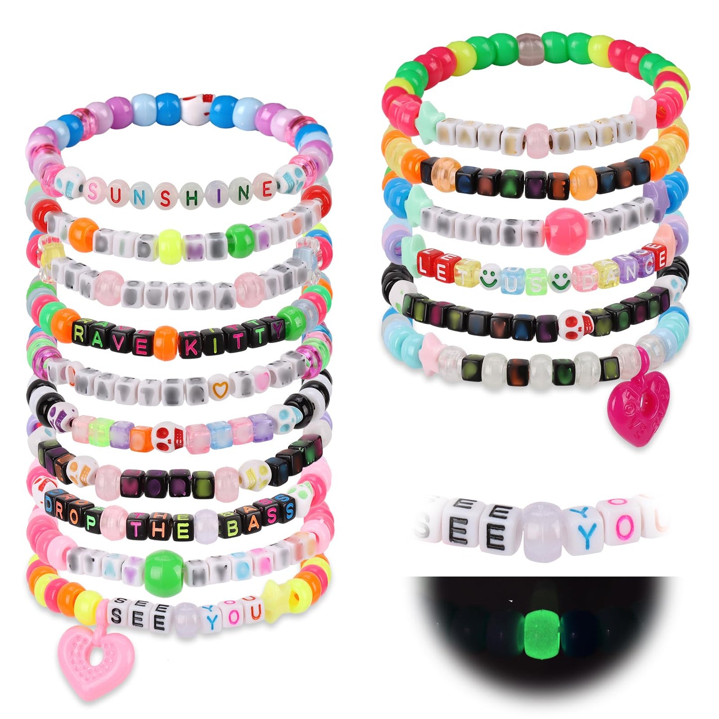 SMAODSGN 32Pcs Music Party Bracelets Set Glow In The Dark EDM Music Stretch Bracelets Multi Color Beaded Cuff Music Party Favor for Women Men Friends EDM Festival