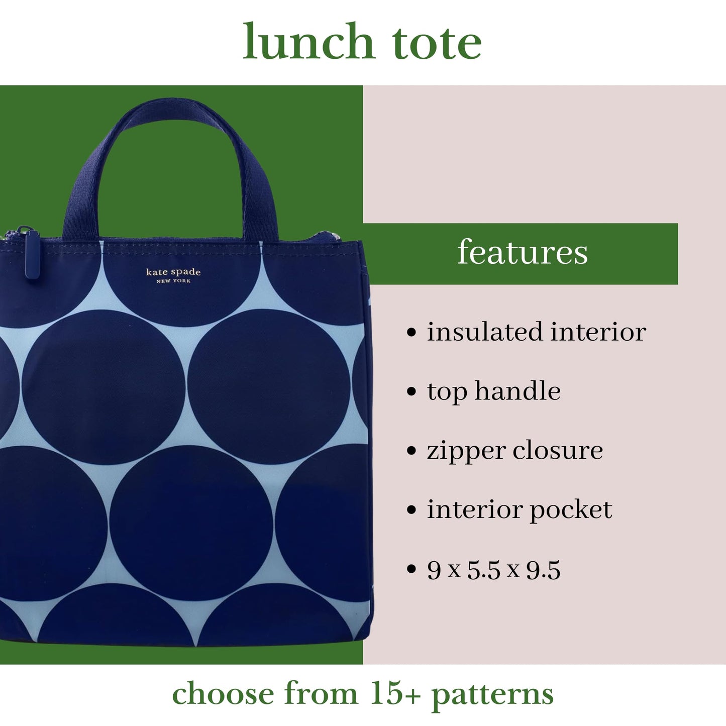 Kate Spade New York, Portable Soft Cooler Lunch Bag with Silver Insulated Interior Lining and Storage Pocket, Joy Dot