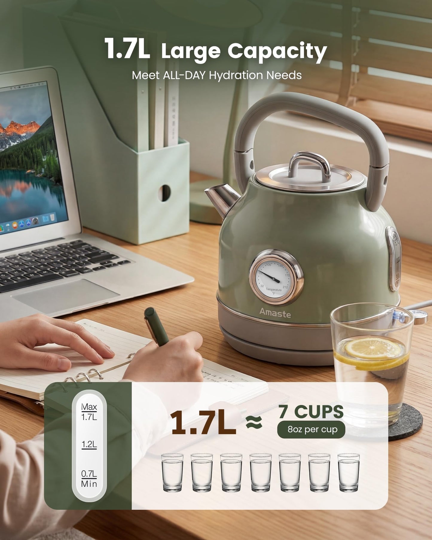 Amaste Electric Kettle, Retro Electric Tea Kettle with Thermometer, 57 Oz Hot Water Kettle for Coffee & Tea, 304 Stainless Steel, 1500W Fast Boiling, Auto Shut-Off & Boil Dry Protection, Matcha Green