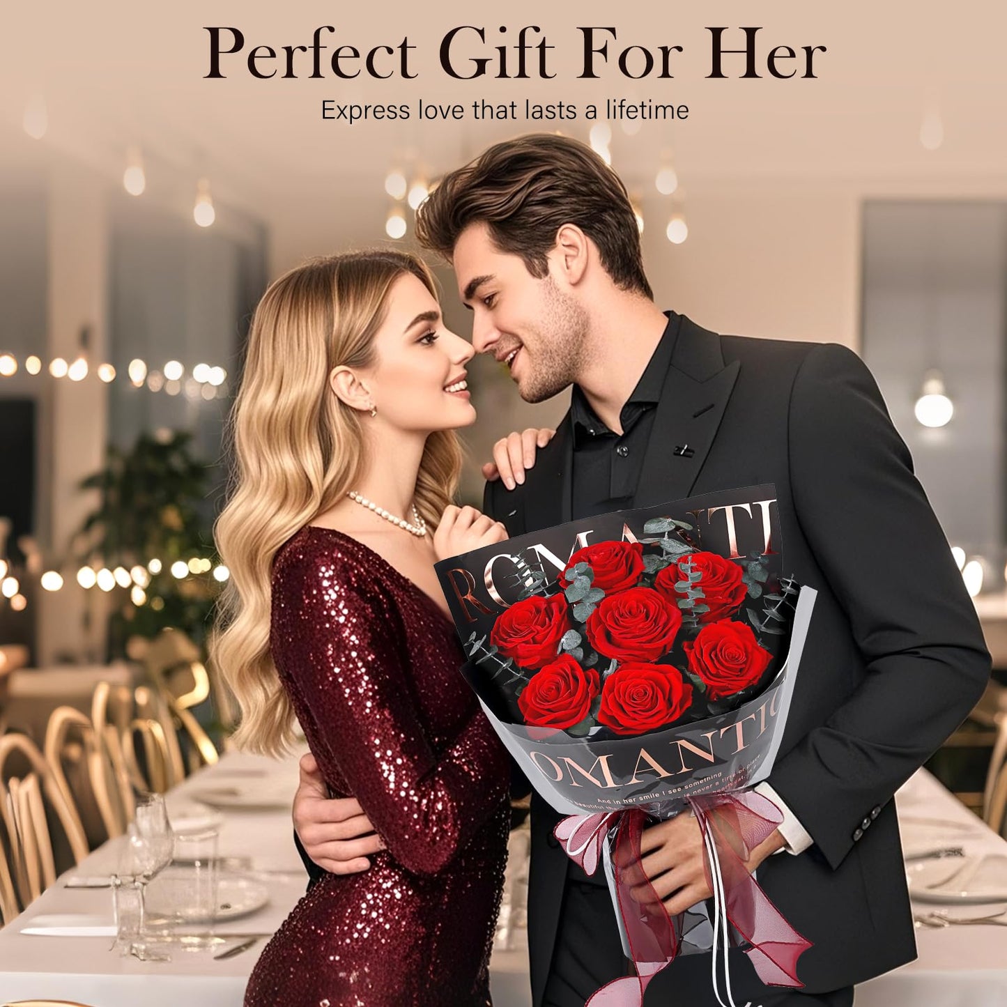 Preserved Flowers Bouquet 7 Roses - Red Real Rose & Flowers for Delivery, Eternal Roses Bouquet with Gift Box, Mothers Day Gifts for Mom Grandma Wife, Anniversary Birthday Gifts for Women, Black