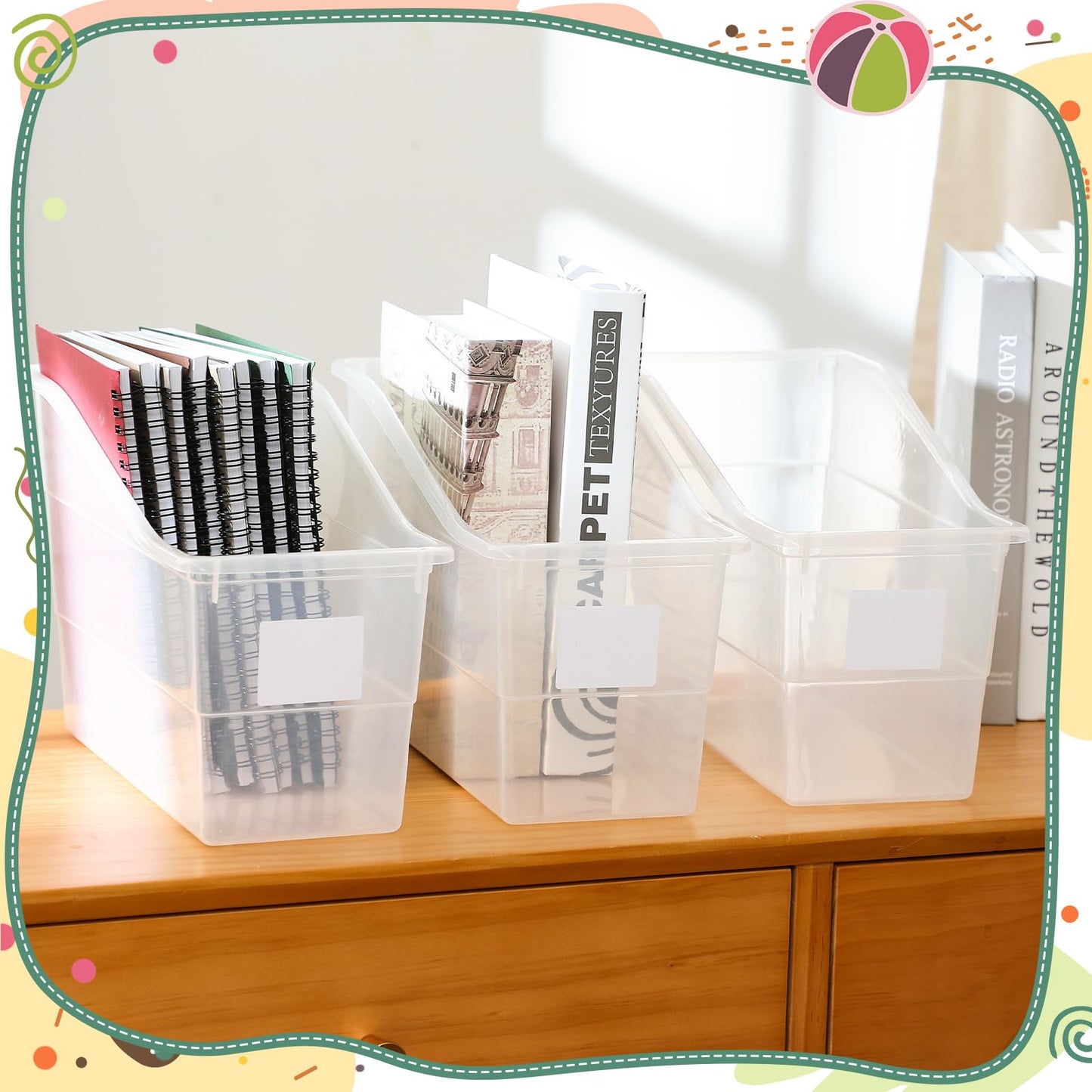 Suzile 12 Pcs Book Bins with Labels Linking Storage Bins Folder Magazine File Holder Interlocking Plastic Book Organizer Container for Office Classroom Home (Clear)