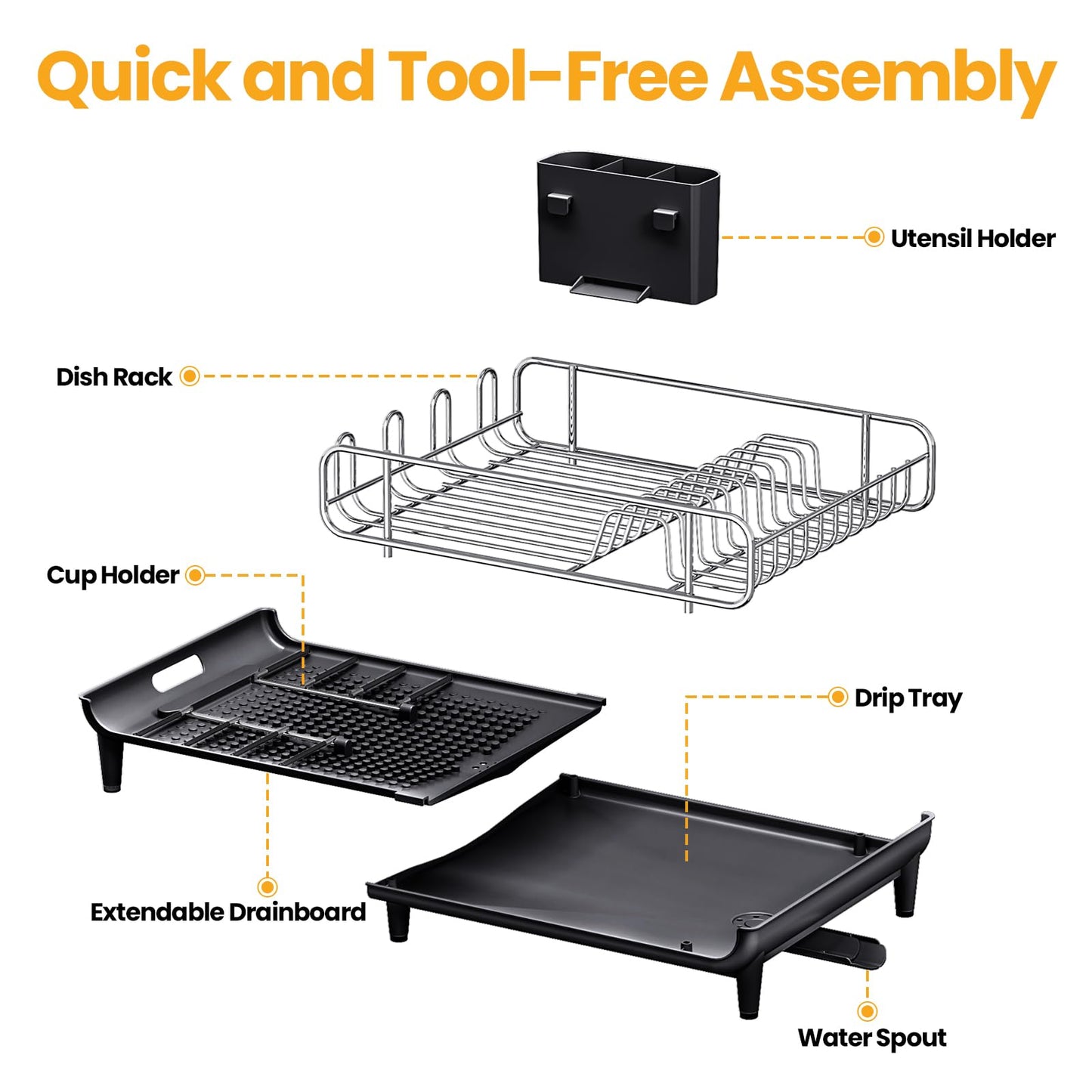 TOOLF Expandable Dish Rack, Dish Drying Rack for Kitchen Counter, Foldable Dish Dryer Rack, Stainless Steel Dish Drainer Racks with Cutlery Holder, Collapsible Dish Drying Racks Large Size,Black