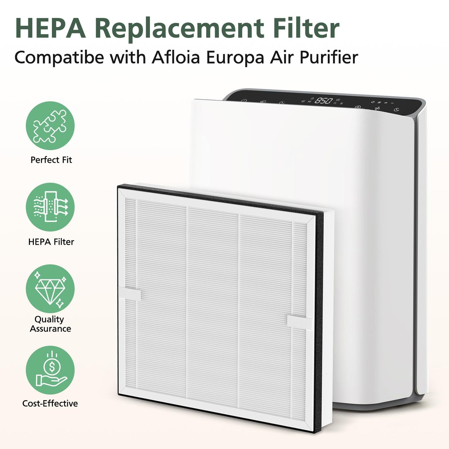 Europa Replacement Filter Compatible with Afloia Europa Air Purifier, 3-in-1 HEPA Filter Suitable for Pet Hair Dander Odor Dust Smoke Pollen, 2-Pack