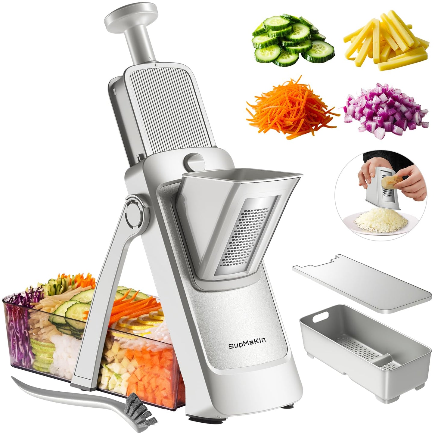 SUPMAKIN Safe Mandoline Slicer, Adjustable Vegetable Food Slicer and Chopper, Potato Fries Fry Cutter, Veggie Salad Chopper, New Kitchen Chopping Artifact Gifts 2026 (SliverGray)