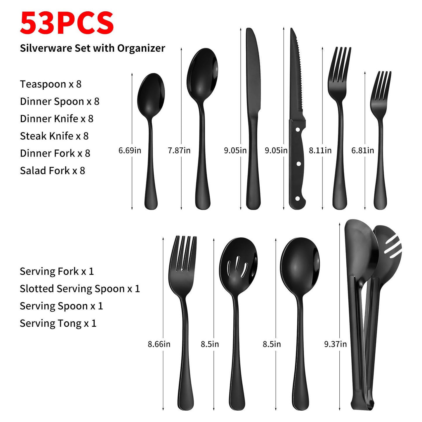 53PCS Black Silverware Set for 8 with Flatware Drawer Organizer, Stainless Steel Cutlery Set with Steak Knives, Include Spoons and Forks Set & Serving Utensils, Mirror Polished, Dishwasher Safe