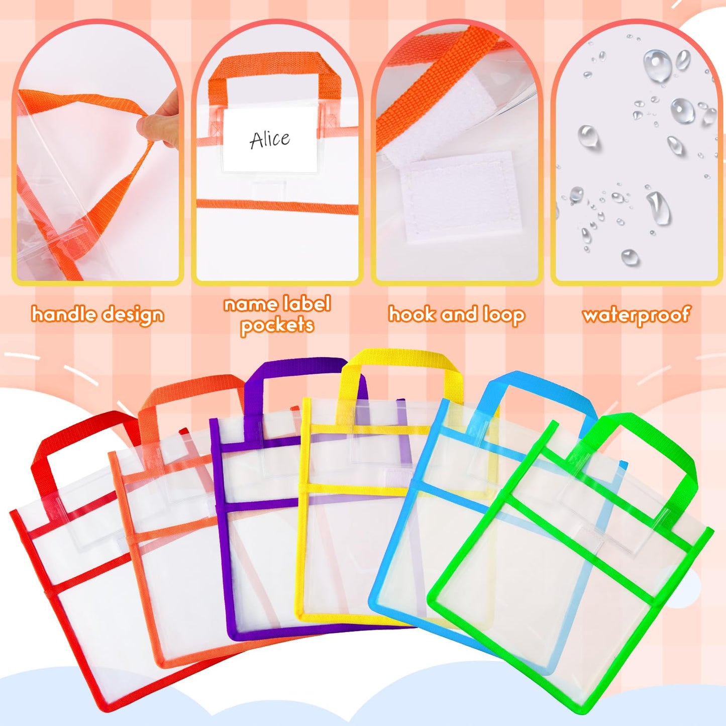Tdfronien12 Pack Student Clear Book Pouches Bulk with Name Card Pocket and Handles Book Bags for Kids Organizing Storage Waterproof Pouches School Classroom Toys and Office (Bright Color,10 x 12 Inch)