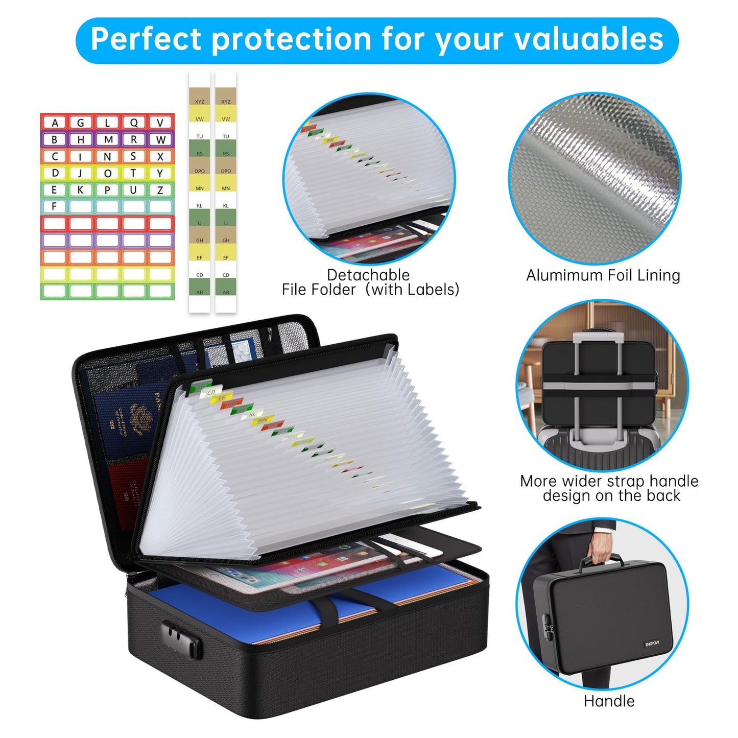 ENGPOW Fireproof Document Box with Lock,5200℉ Soft Case Fireproof Box with 25 Pocket Accordion File Folder,Multi-Layer Fireproof Water Resistant File Organizer Storage for Important Documents,Laptop