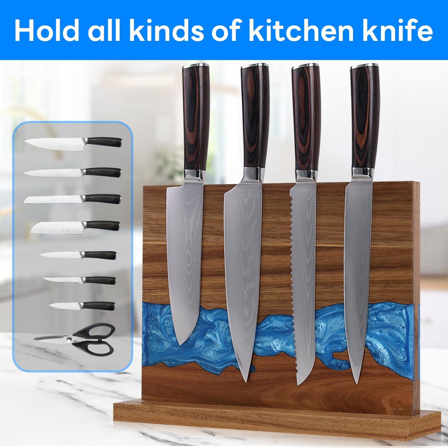 Ayiusideza Magnetic Knife Block | Double Sided Magnetic Knife Holder | Acacia Wood Magnetic Knife Rack | Magnetic Knife Storage Stand for Kitchen Counter, Blue Resin River, 12.59×9.84IN (No Knife)