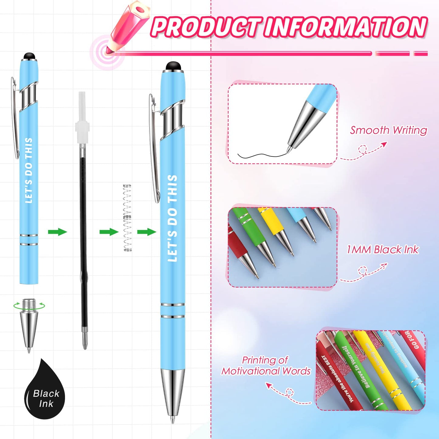 Lounsweer 100 Pieces Inspirational Ballpoint Pens with Motivational Messages, 20 Colors, 1mm Black Ink, Stylus Tip, Fun and Encouraging Gifts for Teachers, Students, Office and School Supplies