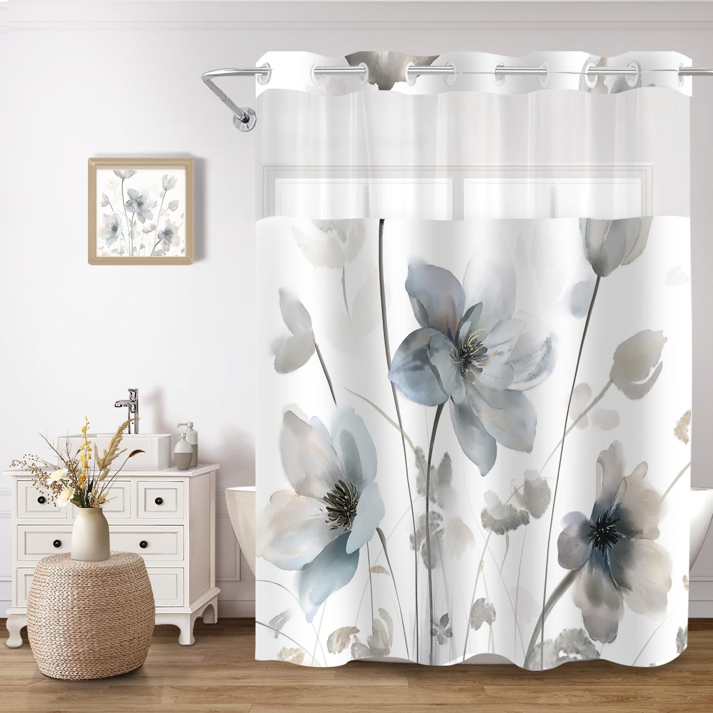 CTOTSYC No Hook Shower Curtain and Liner Set, Blue and Grey Boho Floral Shower Curtains for Bathroom, Watercolor Flower Waterproof Bathroom Curtain Sets with Snap in Liner, 71x74 Inch