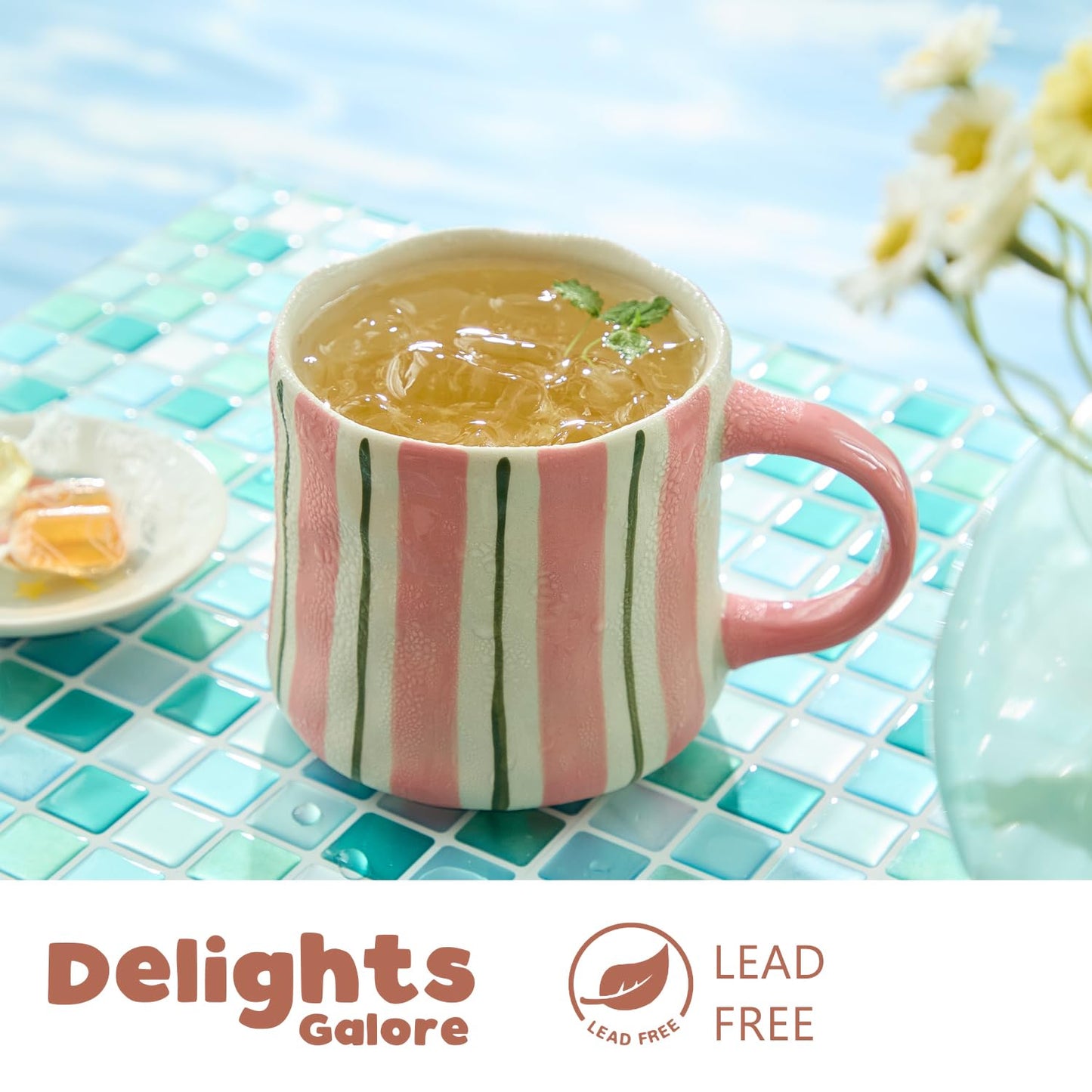 Hand-Painted Ceramic Coffee Mugs Set of 4 – 16oz Large Capacity Artistic Tea Cups with Checkerboard & Striped Patterns, Microwave & Dishwasher Safe for Home, Office, Kitchen (Summer Vibes Collection)