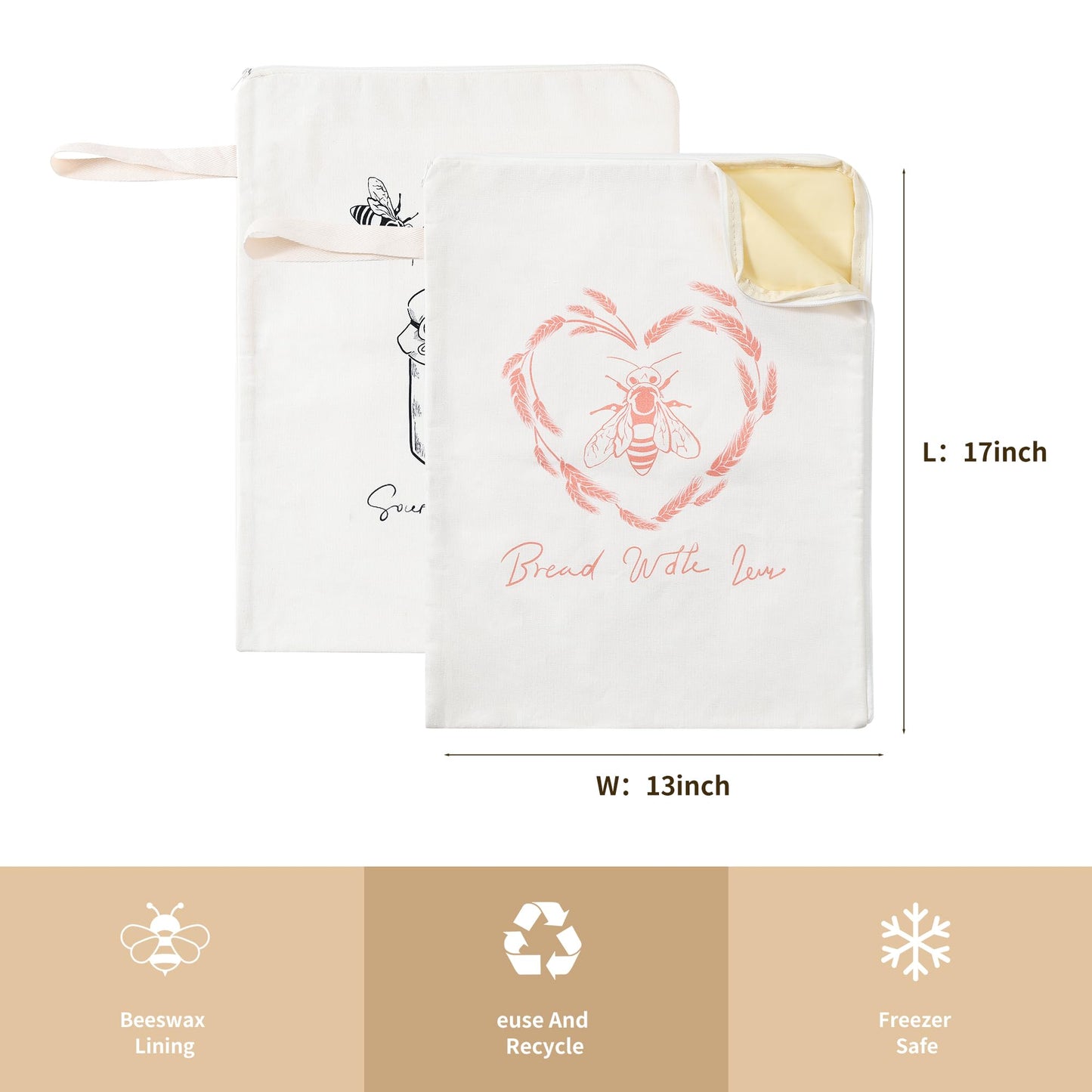 Premium Beeswax Bread Bags for Sourdough - 2 Packs XL Reusable Organic Beeswax Linen Cotton Sourdough Bag, Homesteading Essentials Sourdough Bags with Zip to Keep Fresh Bread Bags for Homemade Bread