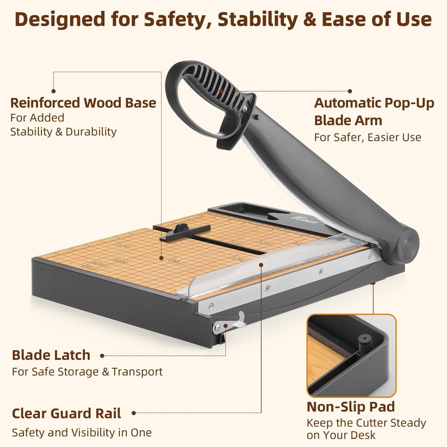 Firbon 12-Inch Wood Base Guillotine Paper Cutter, Heavy Duty 30-Sheet Capacity Precision Paper Trimmer for Cardstock, Photos, A4 Paper, Office & Classroom