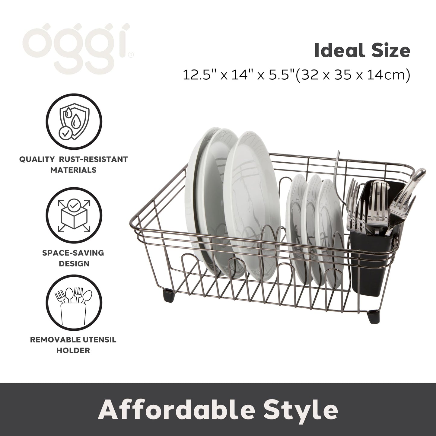 Oggi Compact Dish Drying Rack - Black Steel Drainer, Racks for Kitchen Counter, Durable Coated Steel Kitchen Dryer with Cutlery Holder