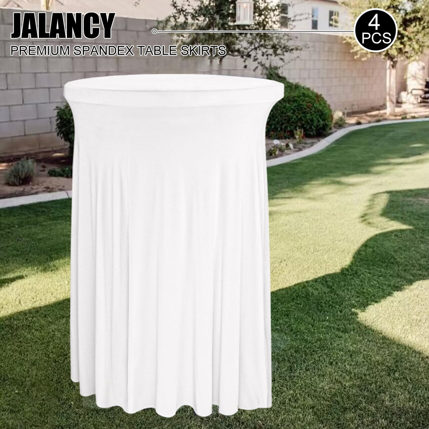 JALANCY 4 Packs 32 x 43 Inch Spandex Round Cocktail Table Skirts Stretch Cocktail Table Cover Fitted for High Top Tables for Wedding Bar Party Banquet (White)