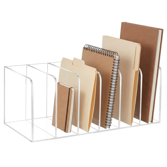 Suzile Clear Acrylic Magazine File Holder with Vertical Compartments Desk Organizer Book Rack for Desk Sorter Paper Folder Office Accessories (Classic,10.5 x 6.9 x 6.3 Inch)