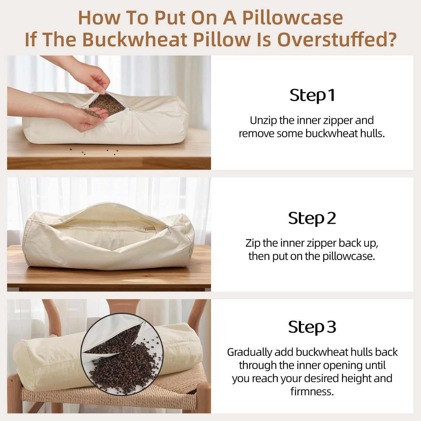 LOFE Buckwheat Pillow - Adjustable Buckwheat neck Pillow(17x6) to Provide Firm Support, Neck Roll Pillows for Side and Back Sleepers, Cylinder Bolster Pillows with Organic Pillowcase