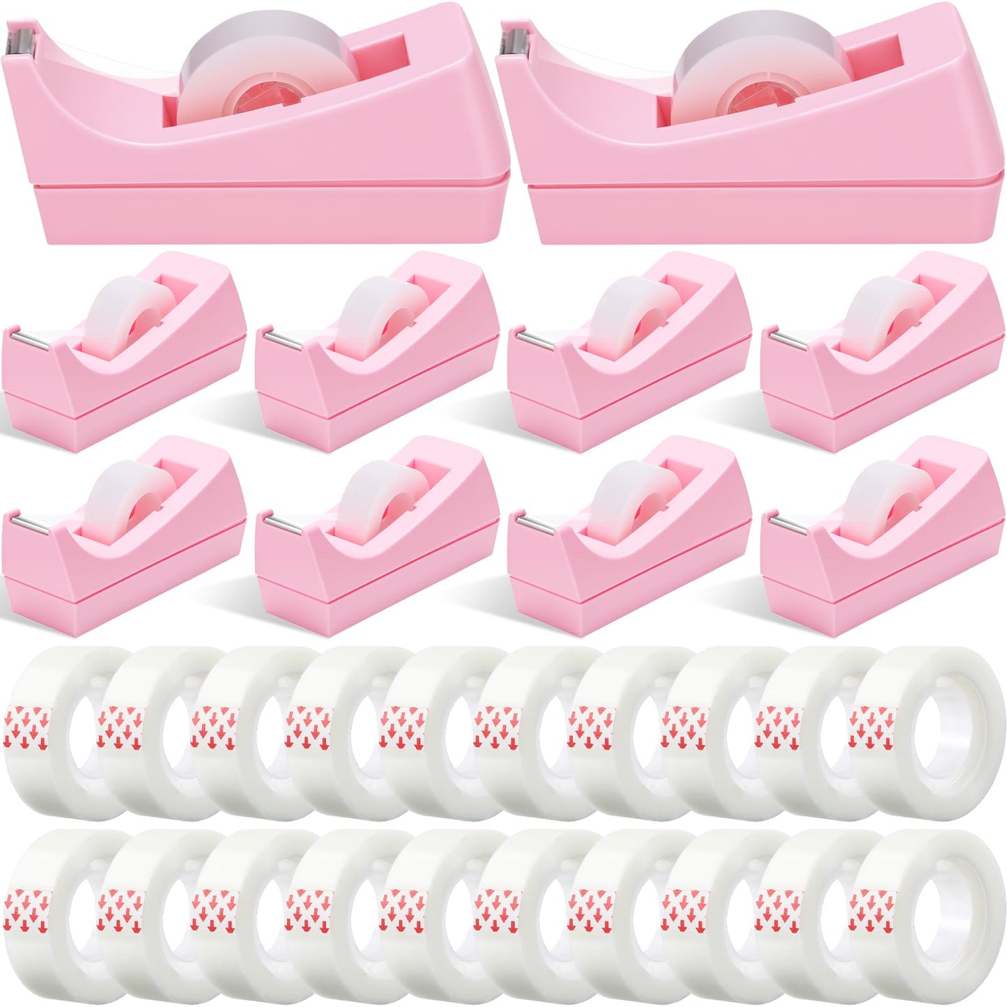 Yahenda 10 Pack Pink Desktop Tape Dispenser Non Skid Base with 0.7 x 985 Inches Invisible Tape Refills Bulk Weighted Roll Dispenser for Office Home School
