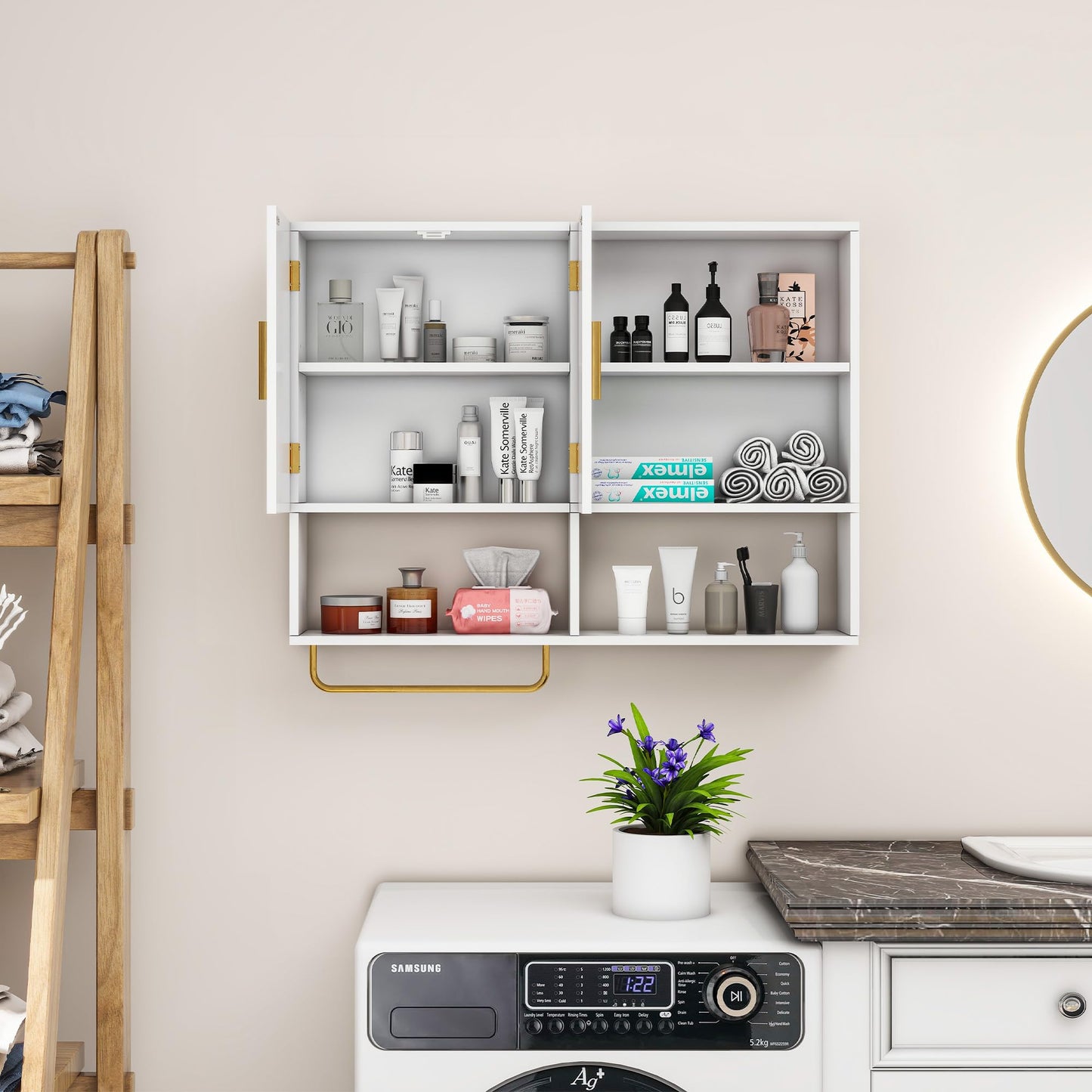Tltaroni Bathroom Wall Cabinet Wood Large Wall Mounted Medicine Cabinet with 2 Doors and 4 Open Shelves Over Toilet Storage Cabinet Organizer with Towel Bar,White