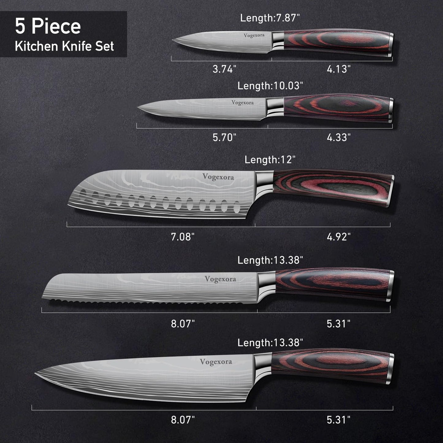 Vorgexora 5 Pcs Chefs Kitchen Sharp Knife Set - Japanese Professional Cooking Cutting Knives for Meat Vegetable Bread and Paring, High Carbon Stainless Steel Santoku