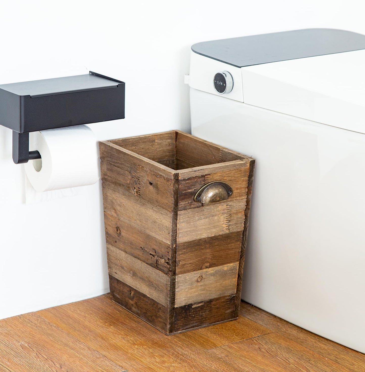 Small Wood Trash Can, Farmhouse Rectangular Garbage Can Waste Basket, Rustic Distressed Reclaimed Wood Wastebasket, Vintage Wooden Trash Recycling Bin Storage Basket with Metal Handles (Natural)