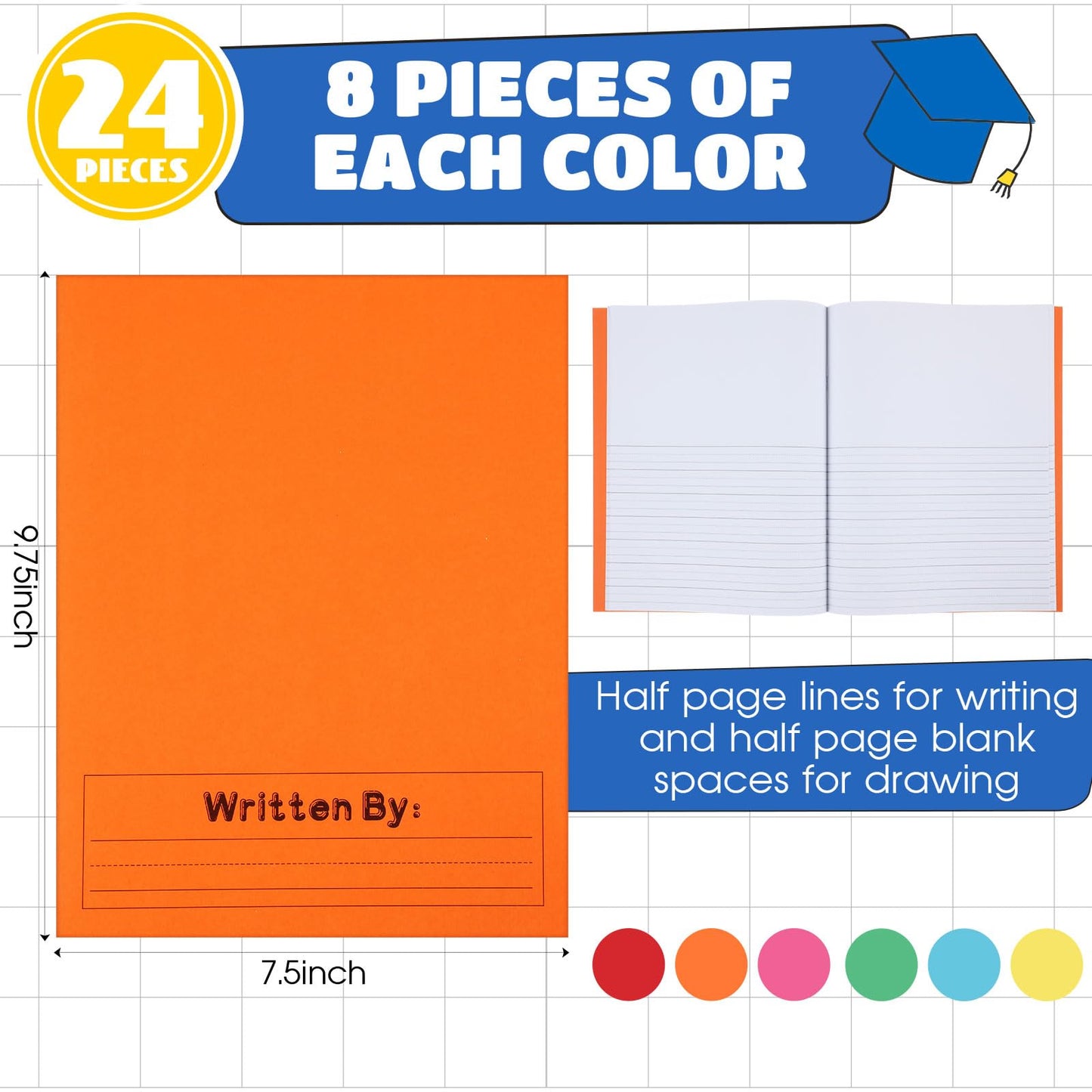 Henoyso 24 Pcs Primary Composition Notebook K-2 Primary Journal, Notebook for Kids Supplies, Bulk Blank Writing Book for Kid to Write Draw Journal 60 Page (9.8″ X 7.5″,Colorful)