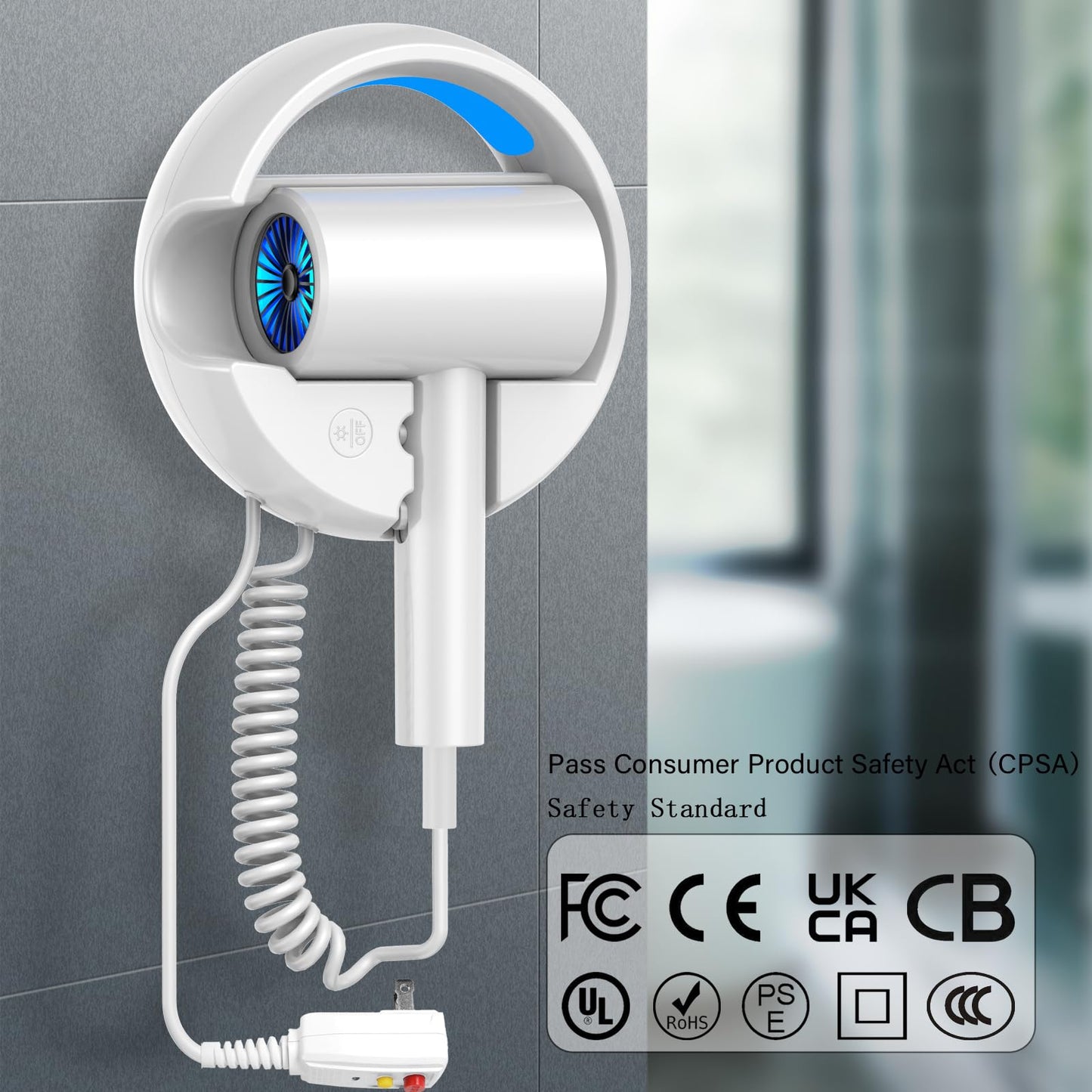 110V Hotel Wall Mounted Hair Dryer for Bathroom（with Night Light） Professional Styling HairDryer for Salon【Blue Light Negative Ions】 Fast Drying Restroom Blow Dryer，Matte Texture - Pearly White