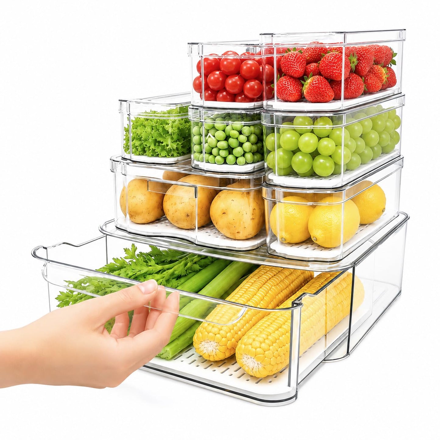 SMRCAD Fridge Organizers and Storage, 8 Pack Clear Freezer Organizer Bins with Lids for Kitchen, Pantry, Refrigerator, Food, Fruit, Vegetable Storage (8 Bins (Include Pull-out Drawer))