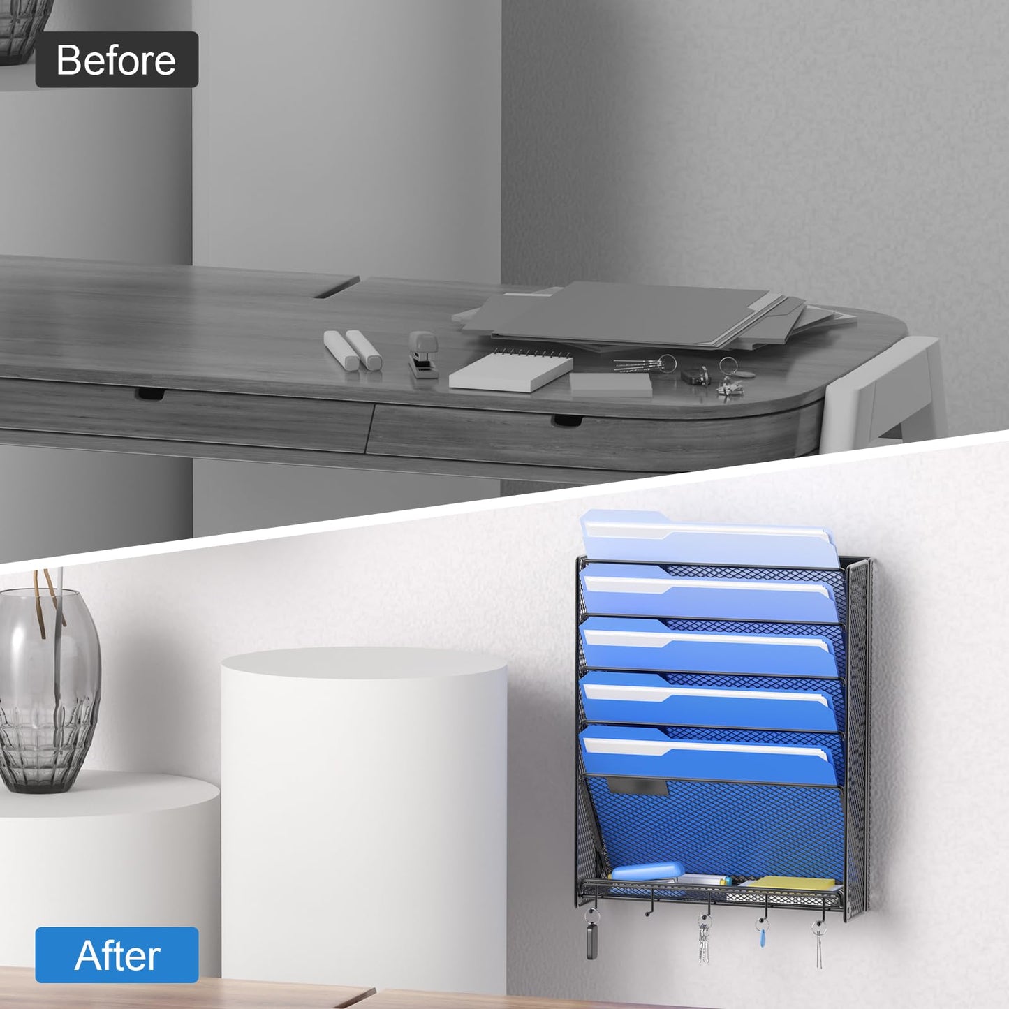 OUTWOLF Hanging Wall File Organizer with Hooks, 6 Tier Vertical Wall Mount File Holder, Paper Document Mail Organizer for Office, Pack of 2