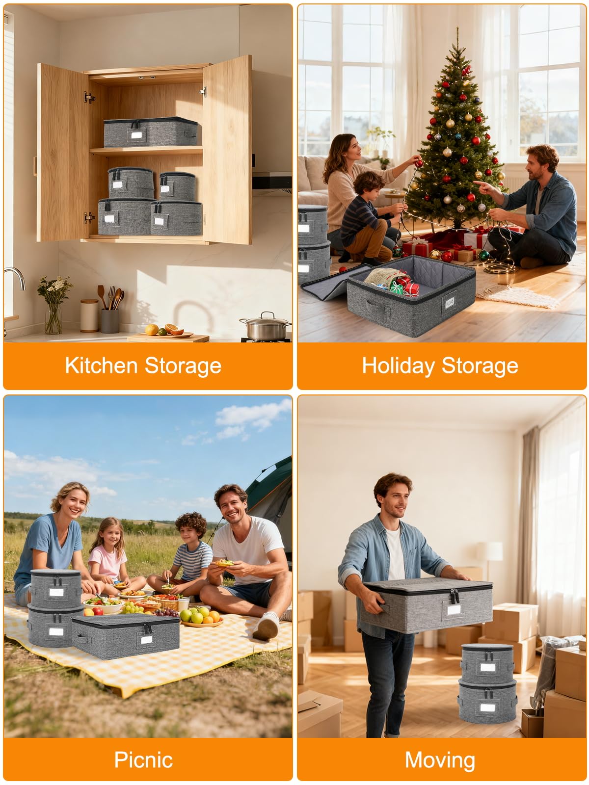 punemi China Storage Containers 5-Piece Set w/Hard Shell Sides & Bottom, Quilted Stackable Plate & Dish Storage Protectors, Adjustable Mug and Cup Storage Organizer for Moving and Dinnerware storage