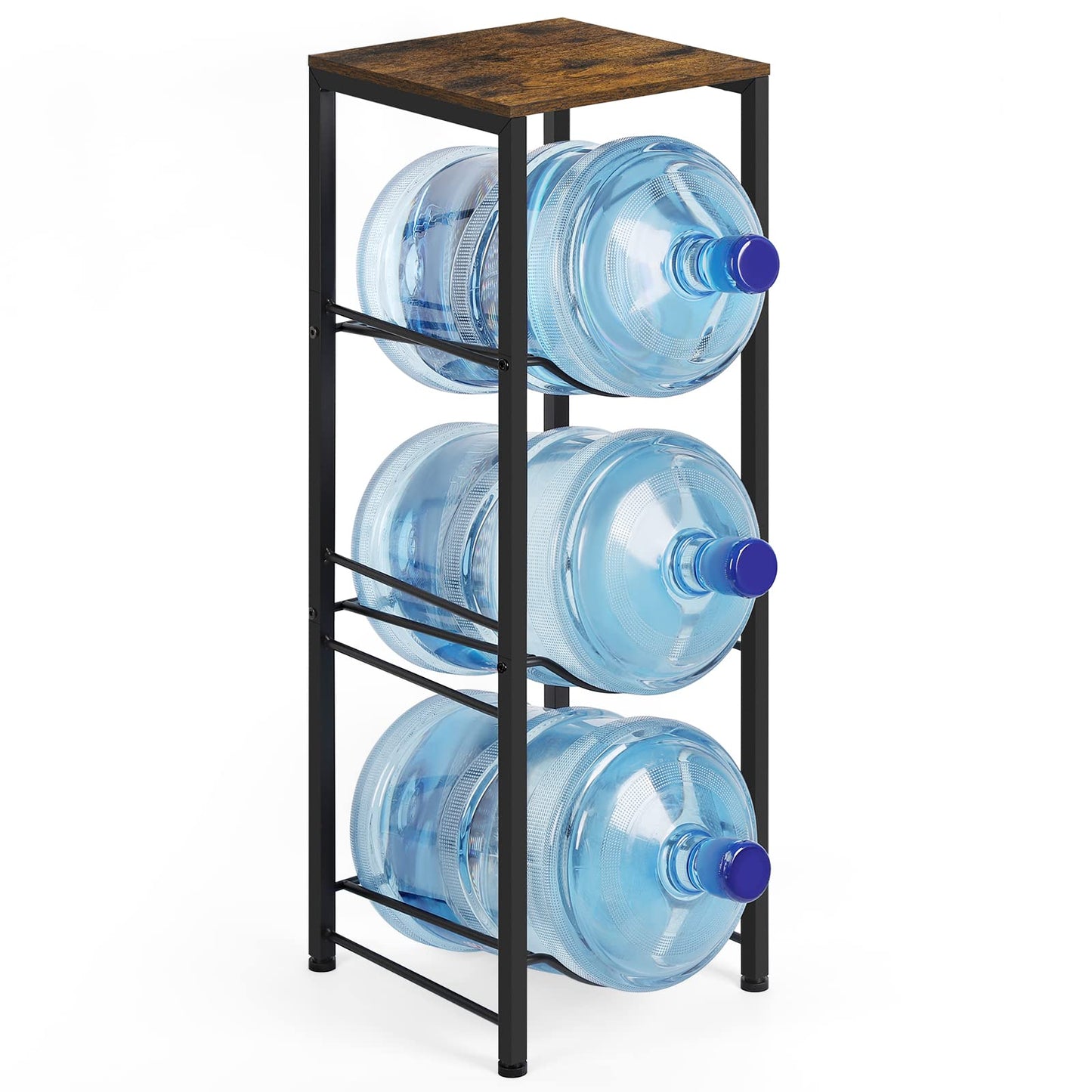 5 Gallon Water Jug Holder 3-Tiers Water Dispenser Stand Rack, Water Bottle Organizer with Storage Shelves for Kitchen Living Room Office, Rustic Brown
