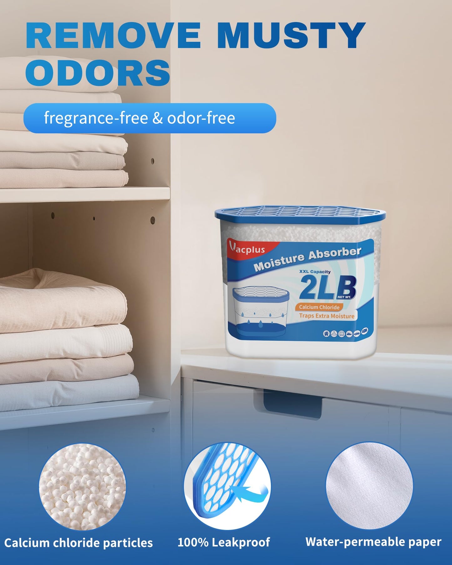 Vacplus Moisture Absorber Buckets – Large Capacity Dehumidifier and Humidity Absorber for Closet, Basement, Bathroom, RV, and Storage Areas, Unscented, 2 lbs, 6 Pack